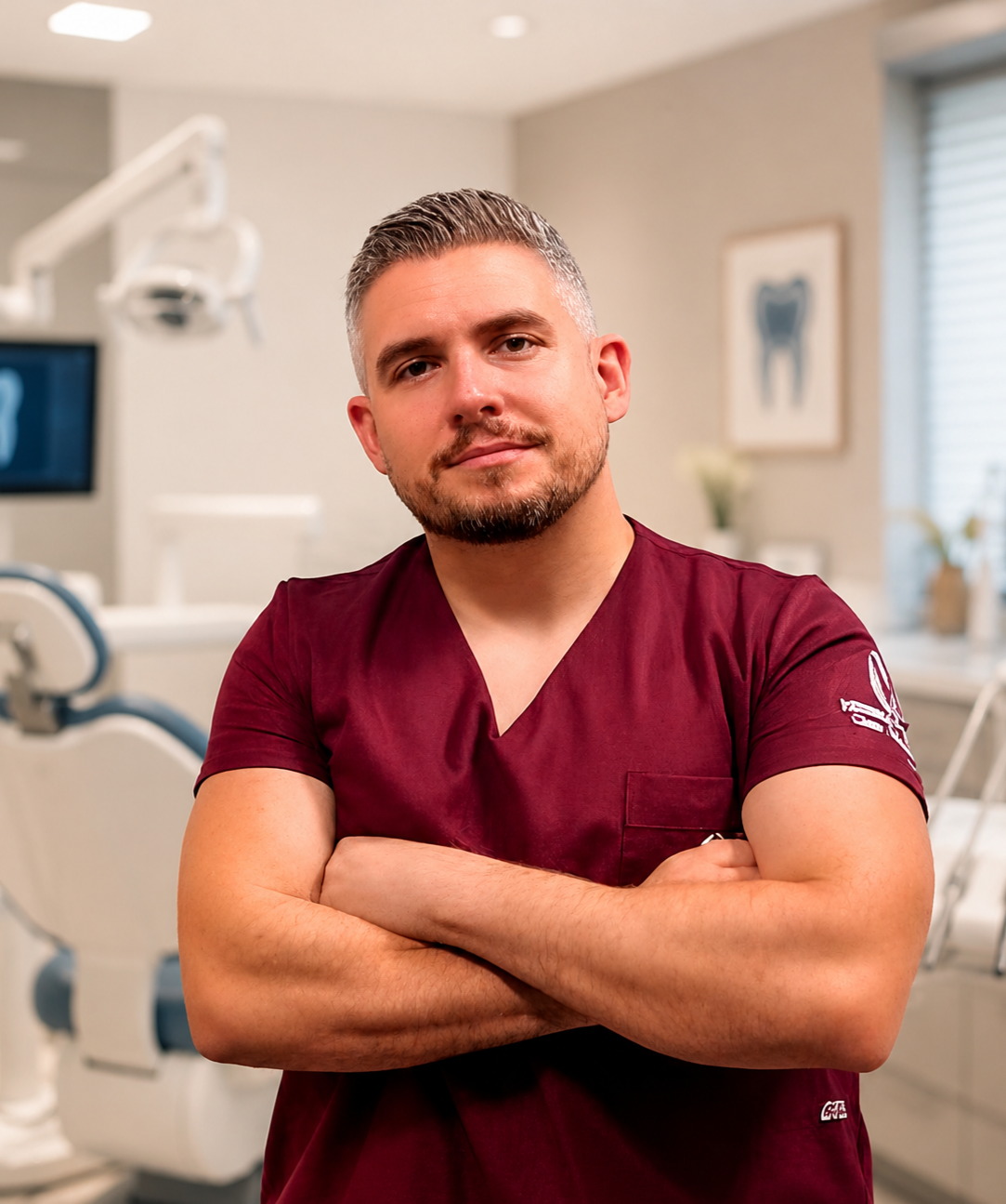 Dr. Henrique Veneroso, cirurgião odontopediátrico, de braços cruzados no consultório